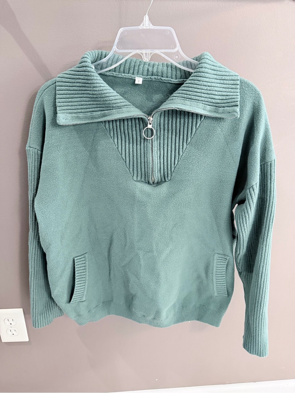 Women's Half-Zip Ribbed Collar Sweater - Sage Green